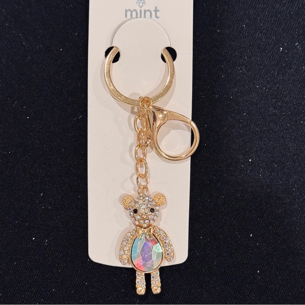 Mint Gold and Iridescent Sparkling Big Belly Crystal Bear Keychain